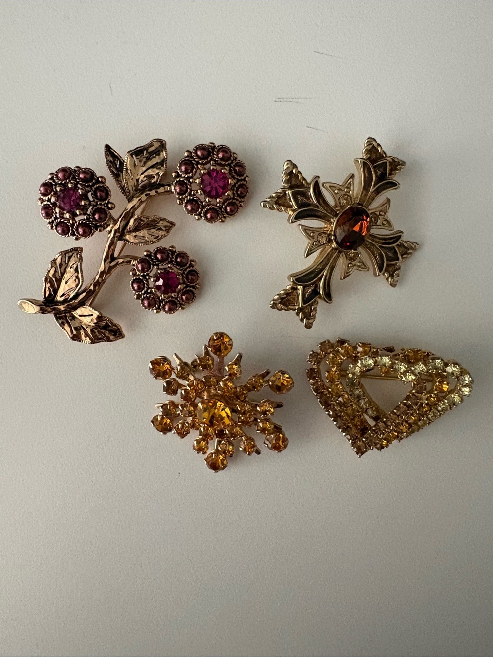 Vintage-Inspired Gold Tone Crystal Brooch Set - Amber & Magenta Accents
